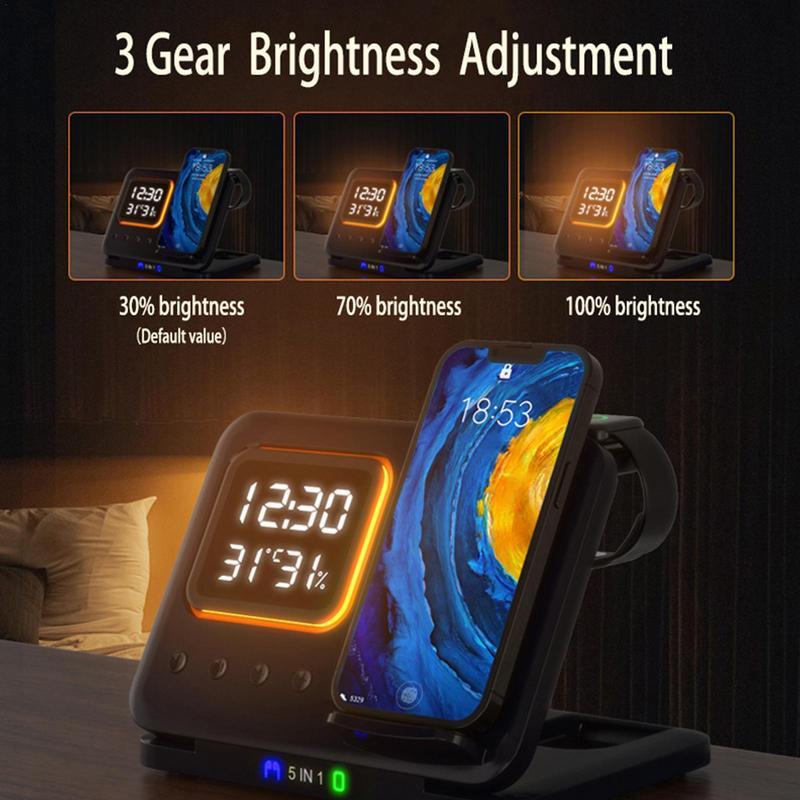 Wireless Chargers Stand 5 In1 LED Digital Alarm Clock Fast Charging Dock Station