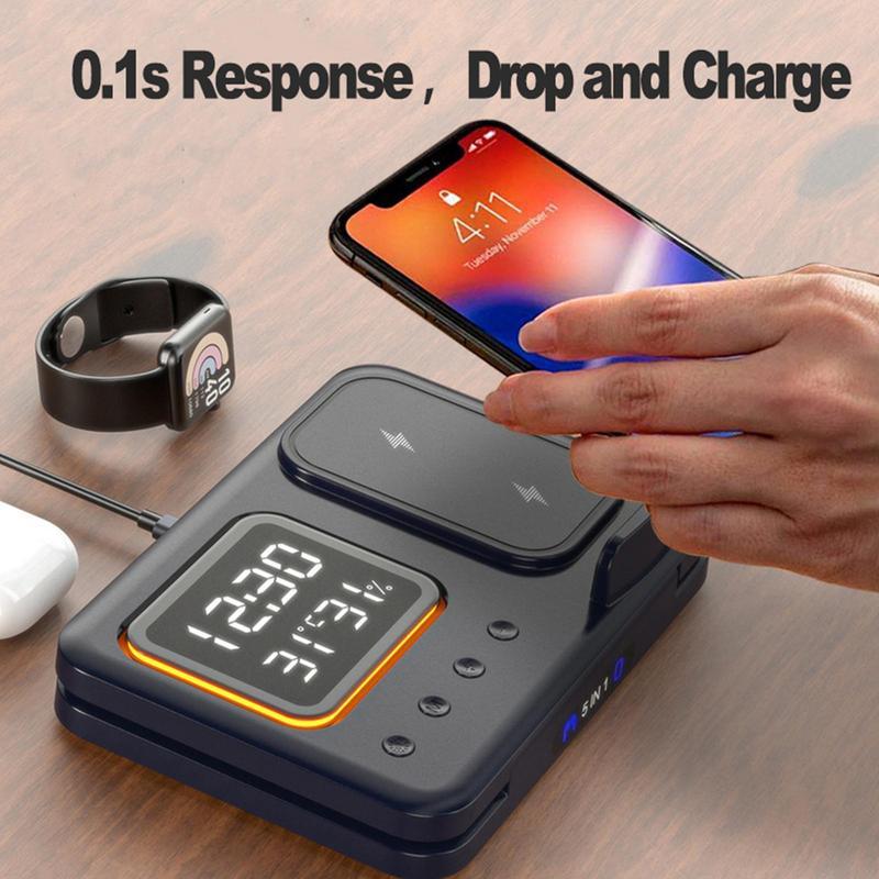 Wireless Chargers Stand 5 In1 LED Digital Alarm Clock Fast Charging Dock Station