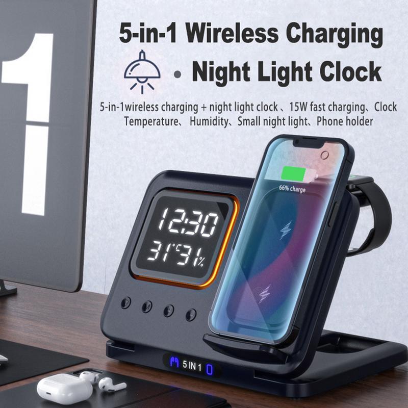 Wireless Chargers Stand 5 In1 LED Digital Alarm Clock Fast Charging Dock Station
